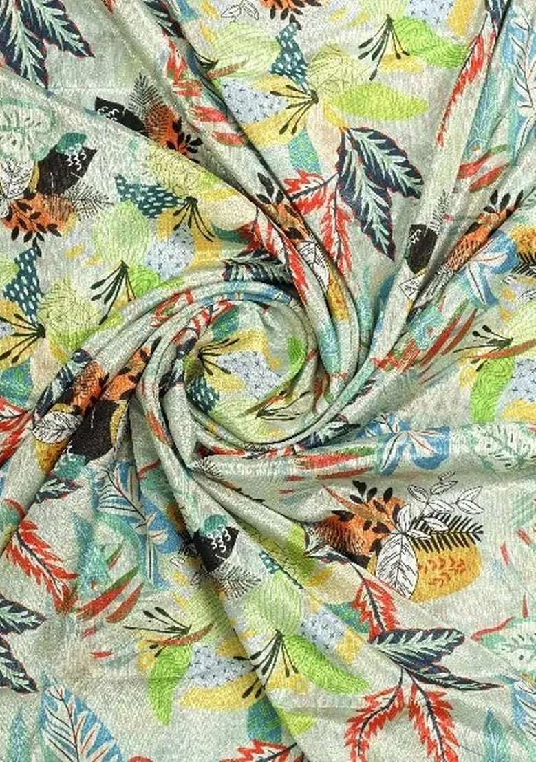 Light Green Tropical Leaf Print Chinon Fusion Set for Diwali and Festive Wear - Indya