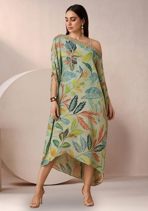 Light Green Tropical Leaf Print Chinon Fusion Set