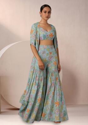 Pastel Blue Floral Print Chinon Fusion Set