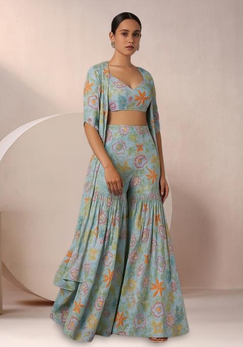 Pastel Blue Floral Print Chinon Fusion Set