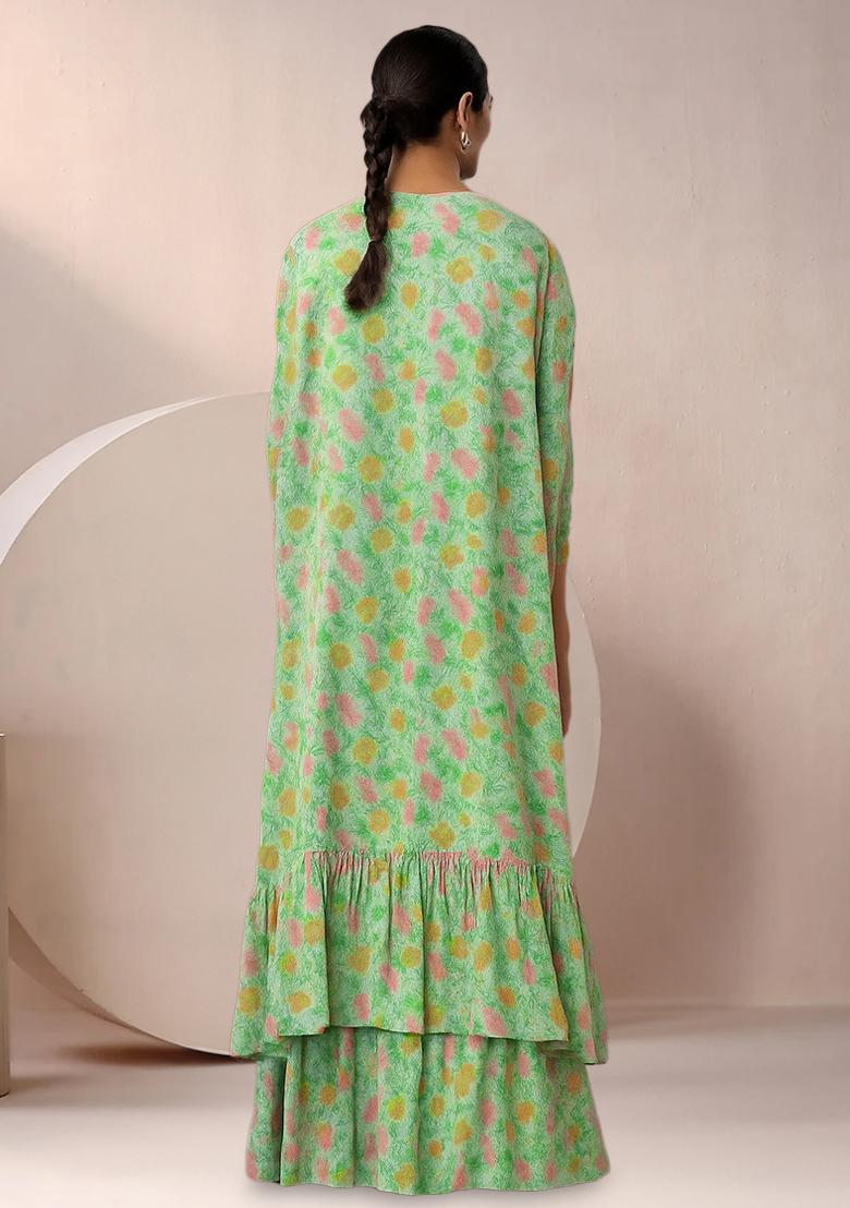 Mint Green Floral Print Chinon Fusion Set - Indya