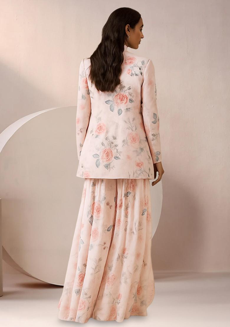 Pink Floral Print Satin Fusion Set - Indya