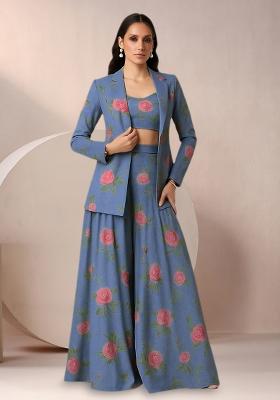 Blue Floral Print Satin Fusion Set