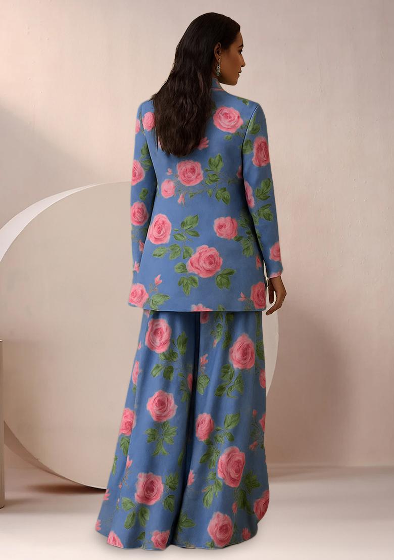 Blue Floral Print Satin Fusion Set - Indya