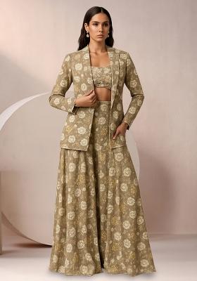 Light Brown Floral Print Satin Fusion Set