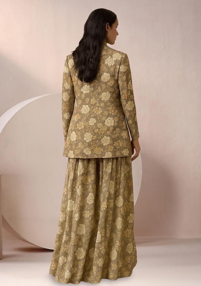 Light Brown Floral Print Satin Fusion Set - Indya