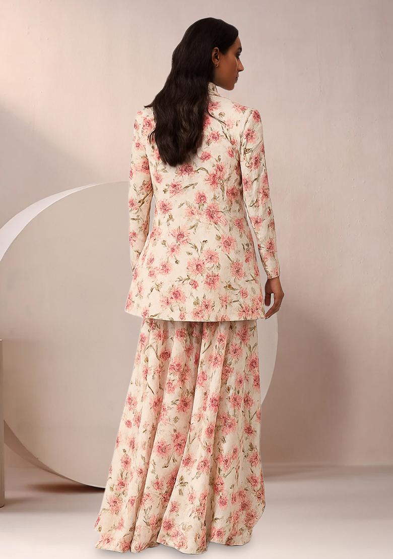 White Floral Print Satin Fusion Set - Indya