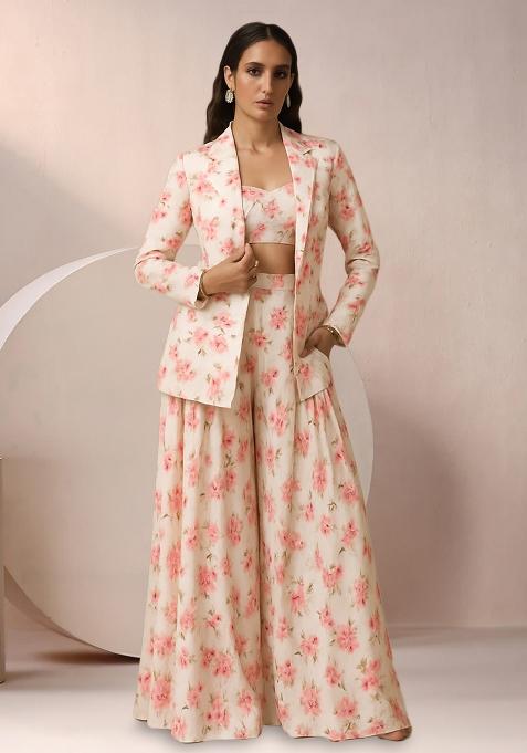 White Floral Print Satin Fusion Set