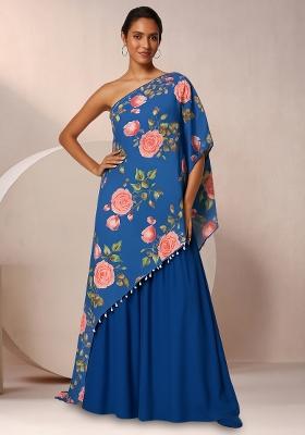 Blue Floral Print Satin Fusion Set