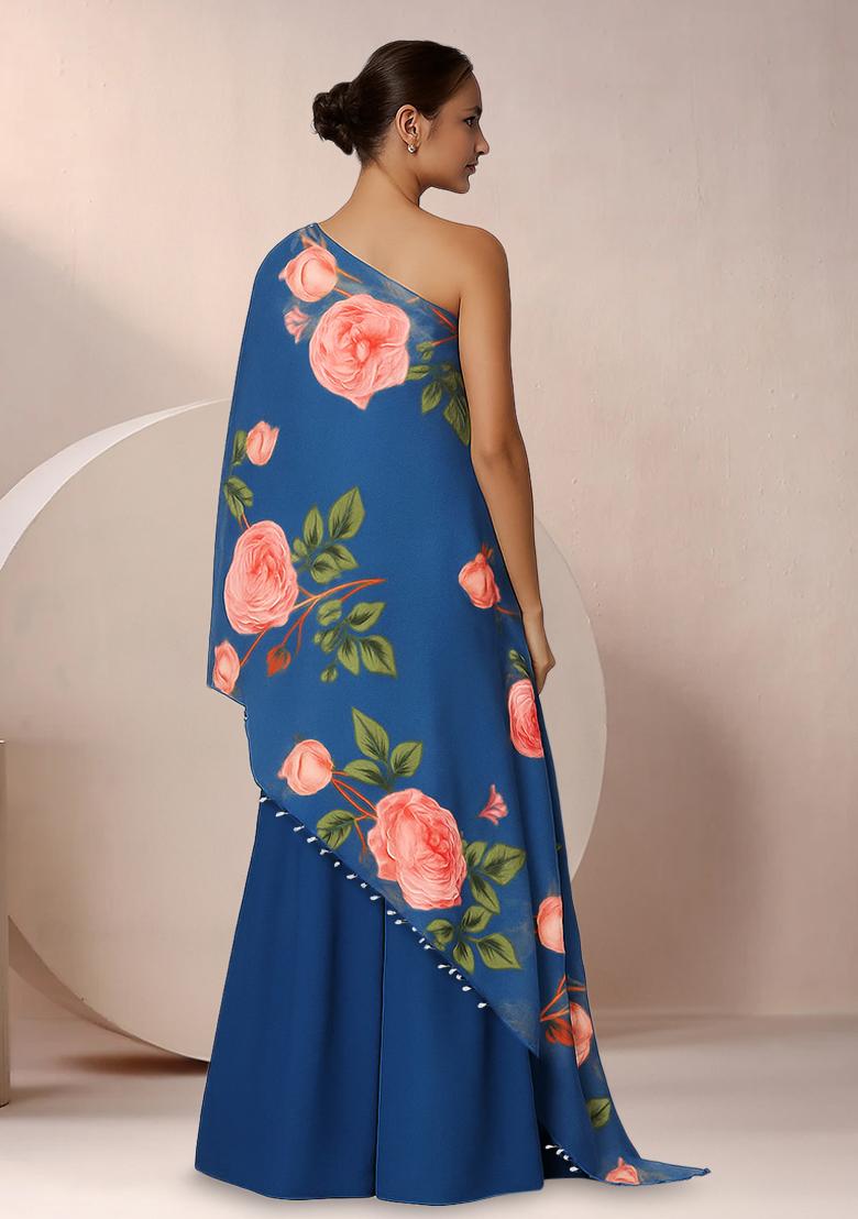 Blue Floral Print Satin Fusion Set - Indya