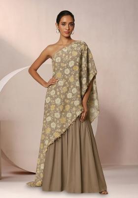 Light Brown Floral Print Satin Fusion Set