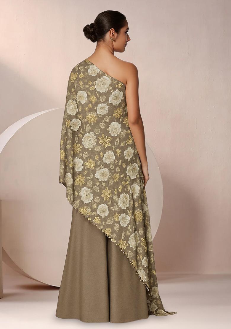 Light Brown Floral Print Satin Fusion Set - Indya
