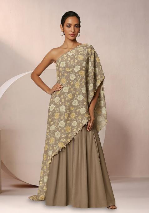Light Brown Floral Print Satin Fusion Set