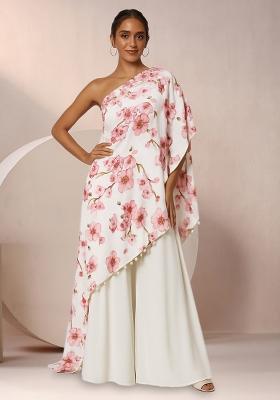 White Floral Print Satin Fusion Set