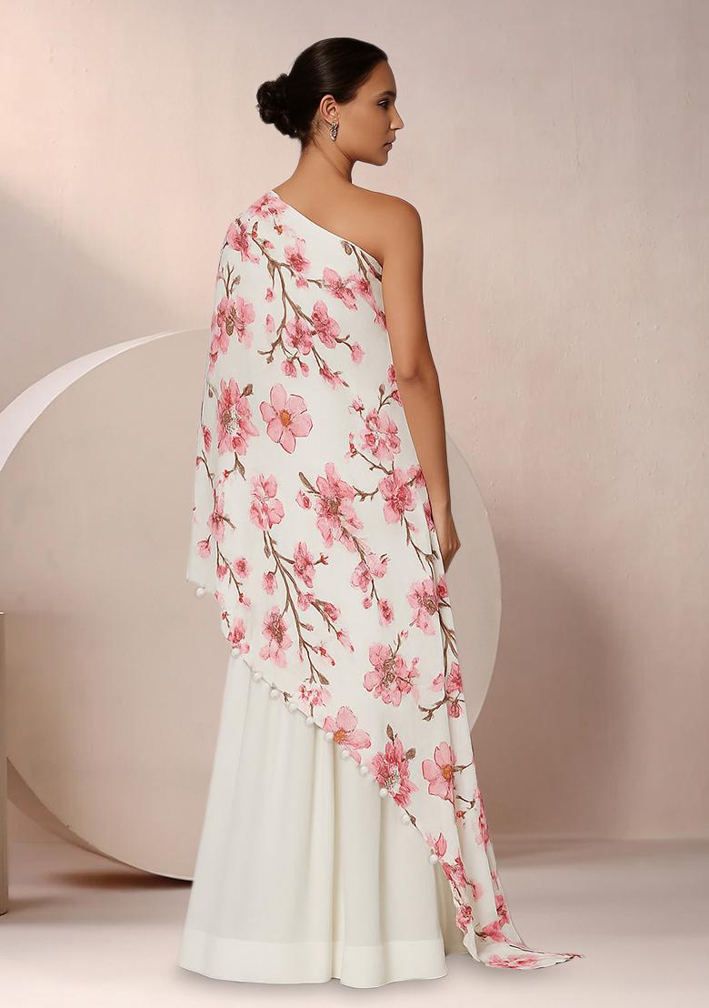 White Floral Print Satin Fusion Set - Indya