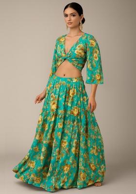 Teal Green Floral Print Satin Lehenga Set