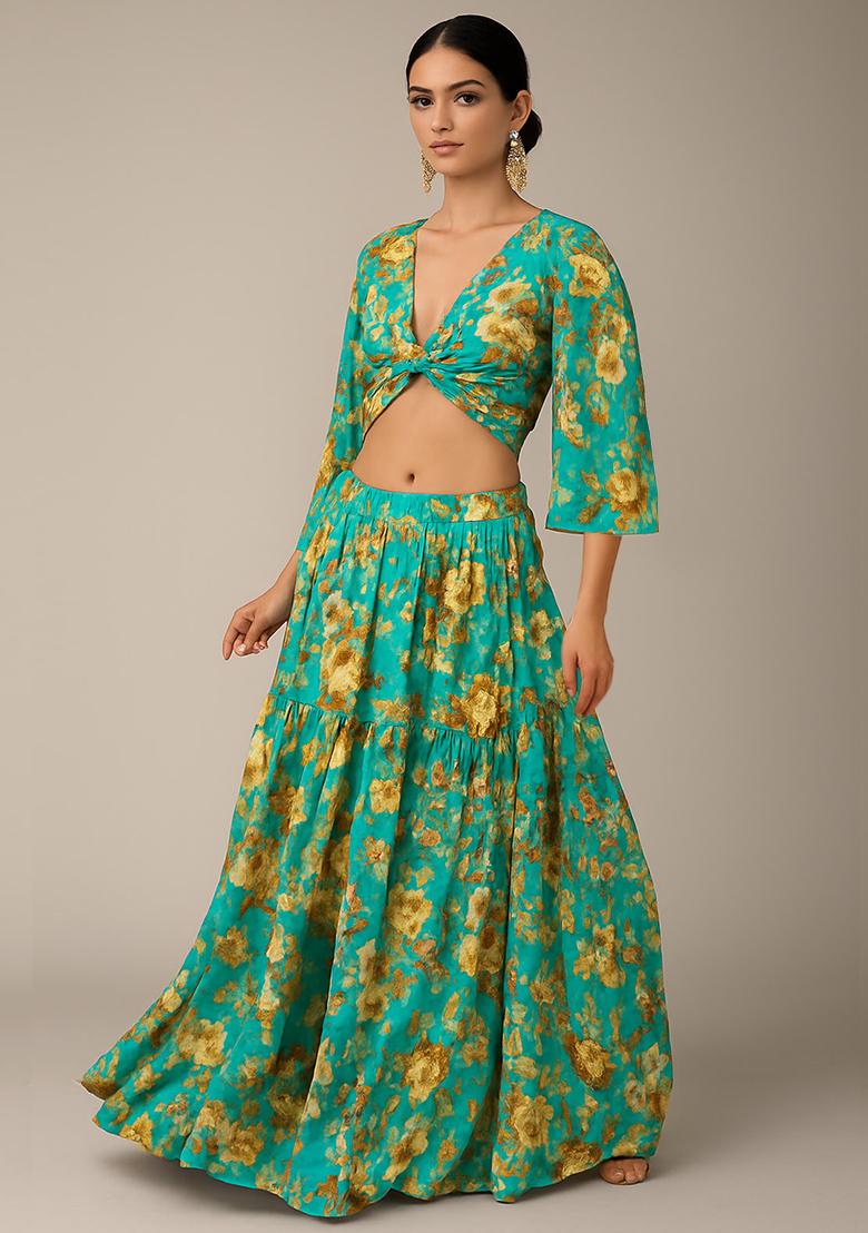 Teal Green Floral Print Satin Lehenga Set