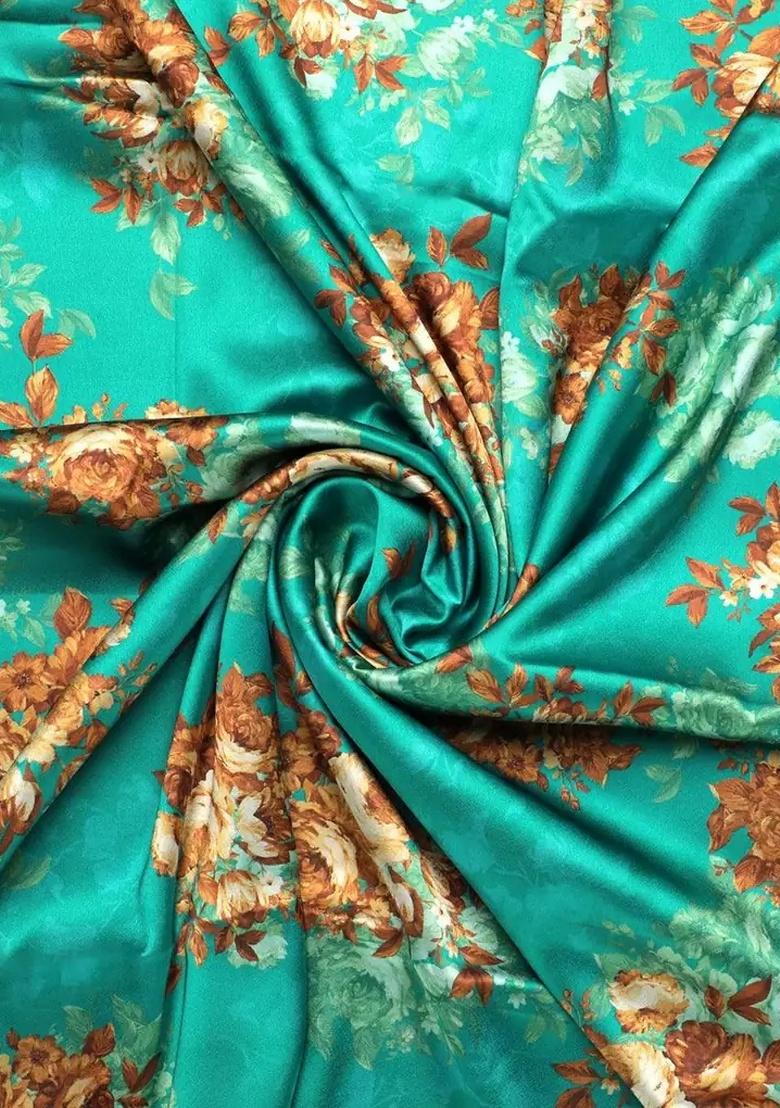 Teal Green Floral Print Satin Lehenga Set