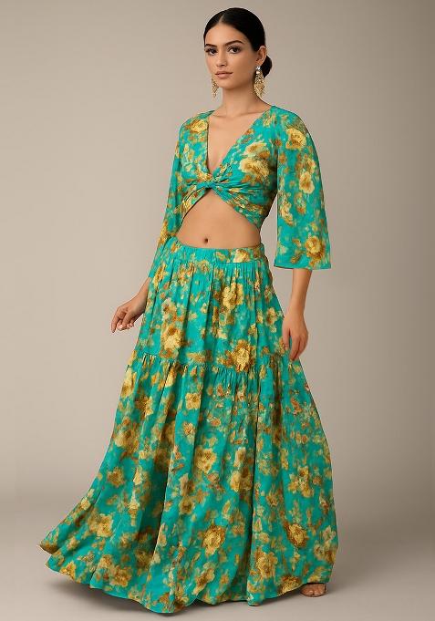 Teal Green Floral Print Satin Lehenga Set