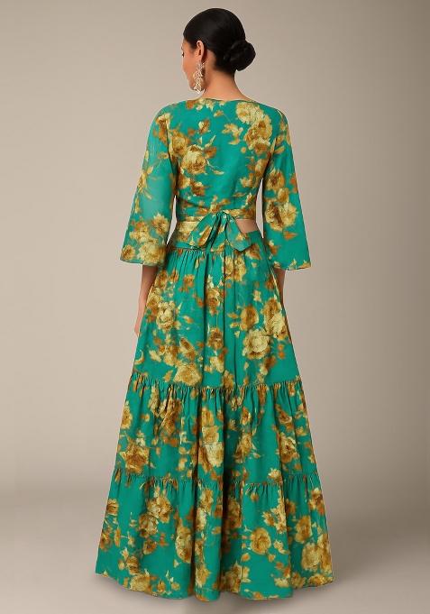 Teal Green Floral Print Satin Lehenga Set