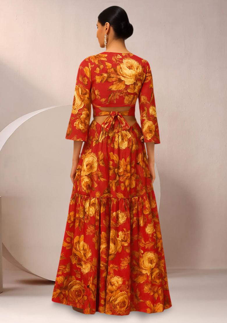 Red Floral Print Satin Lehenga Set - Indya