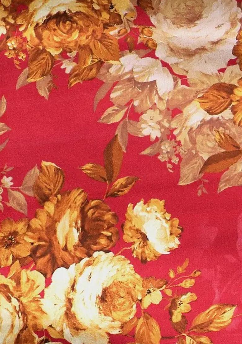 Red Floral Print Satin Lehenga Set - Indya