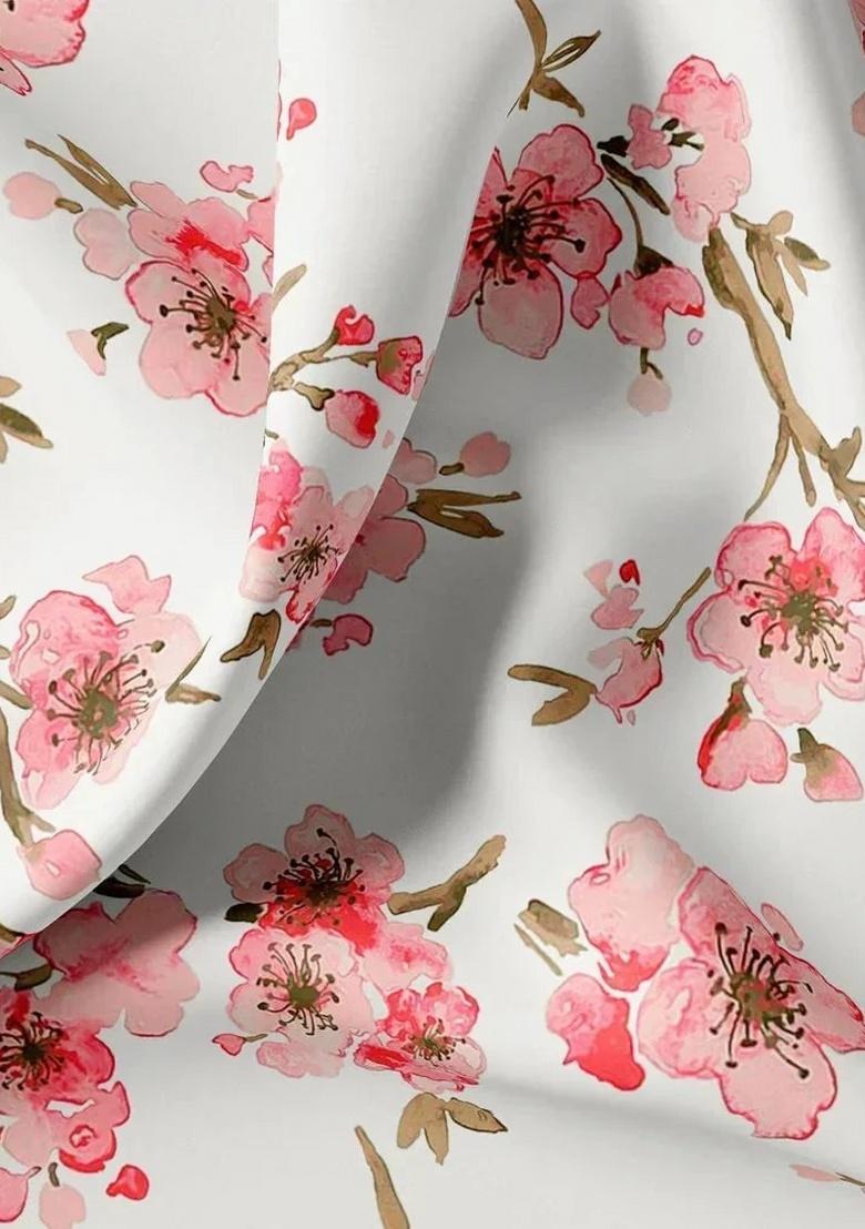 White Floral Print Satin Lehenga Set