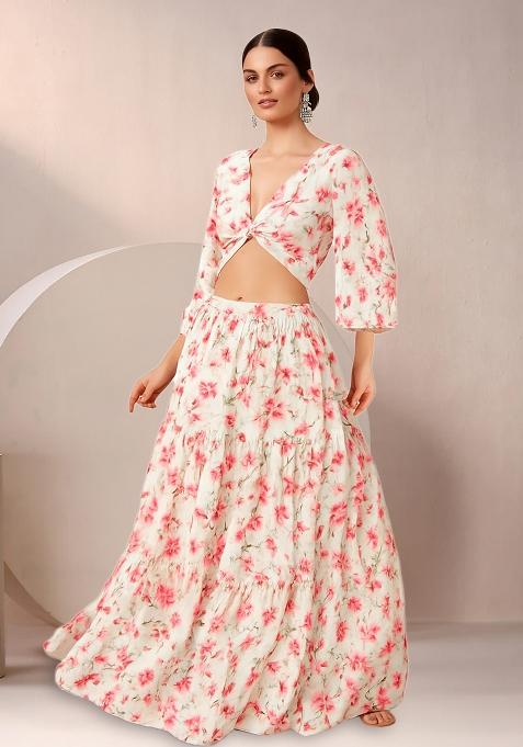 White Floral Print Satin Lehenga Set