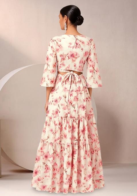 White Floral Print Satin Lehenga Set