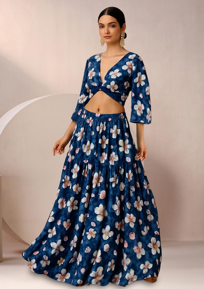 Dark Blue Floral Print Satin Lehenga Set