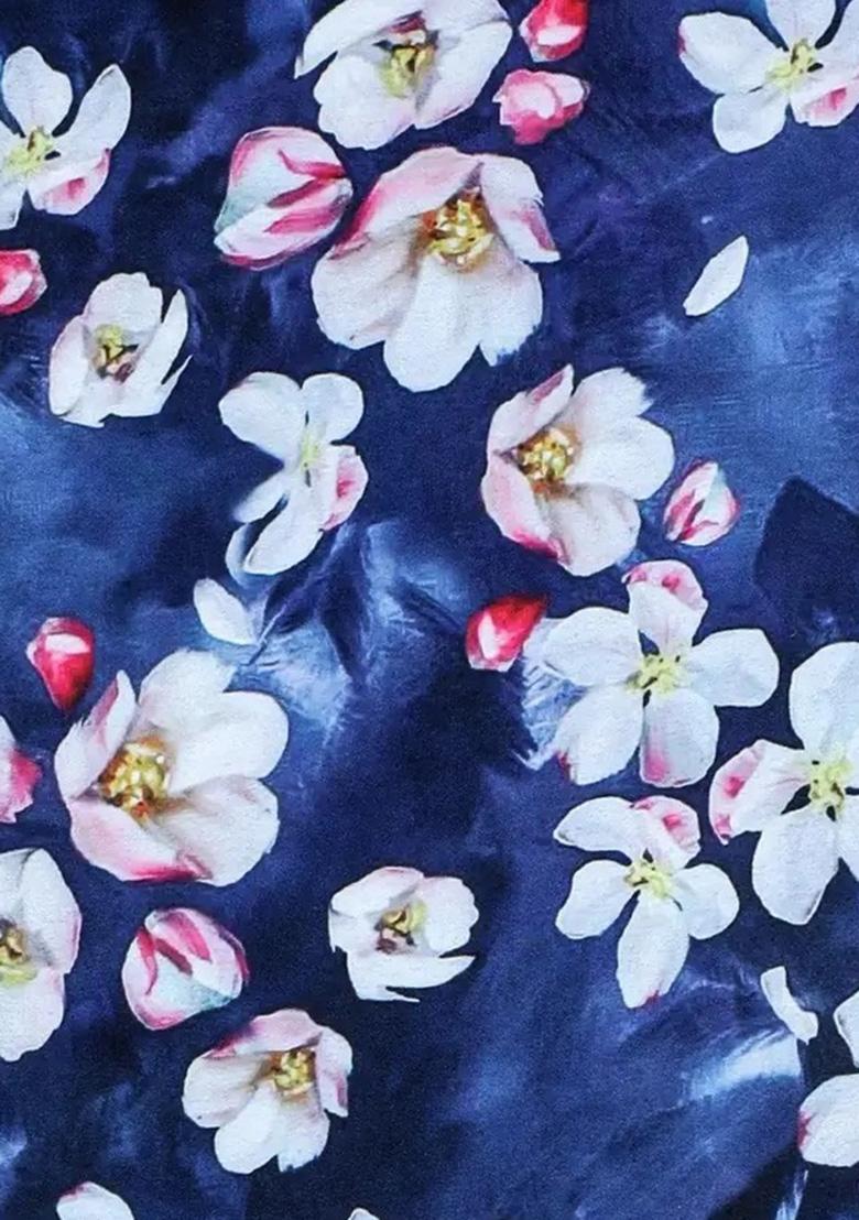 Dark Blue Floral Print Satin Lehenga Set - Indya