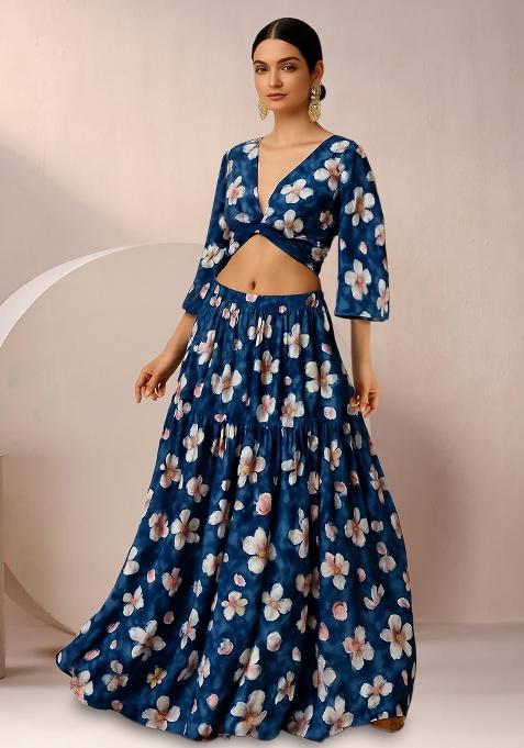 Dark Blue Floral Print Satin Lehenga Set