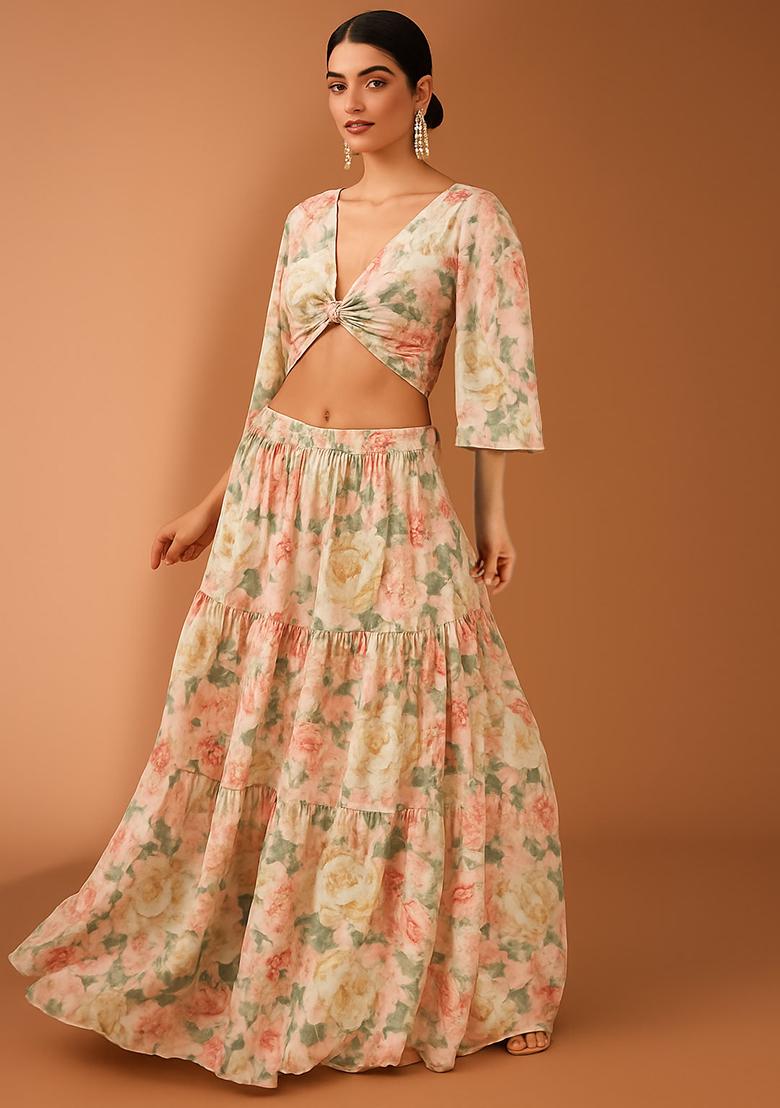 Light Pink Floral Print Georgette Lehenga Set