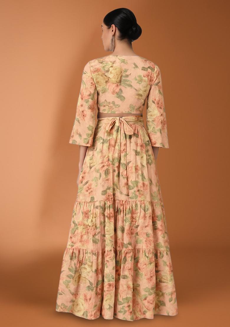 Light Pink Floral Print Georgette Lehenga Set - Indya