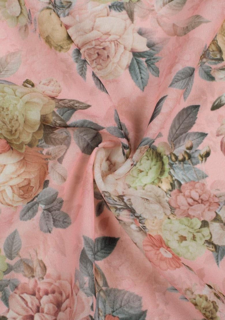 Light Pink Floral Print Georgette Lehenga Set - Indya