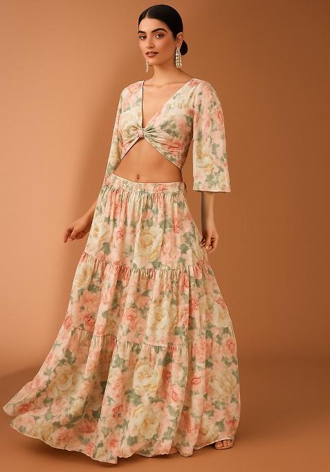 Light Pink Floral Print Georgette Lehenga Set