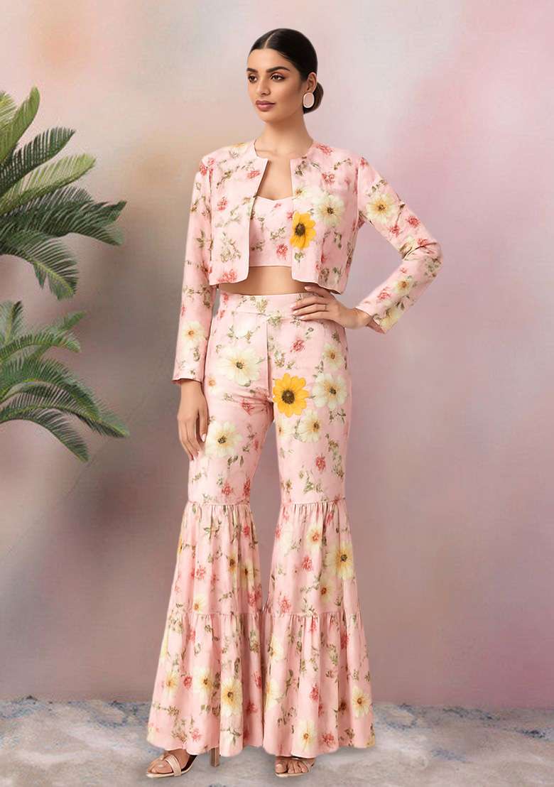 Pastel Pink Satin Floral Printed Fusion Set - Indya