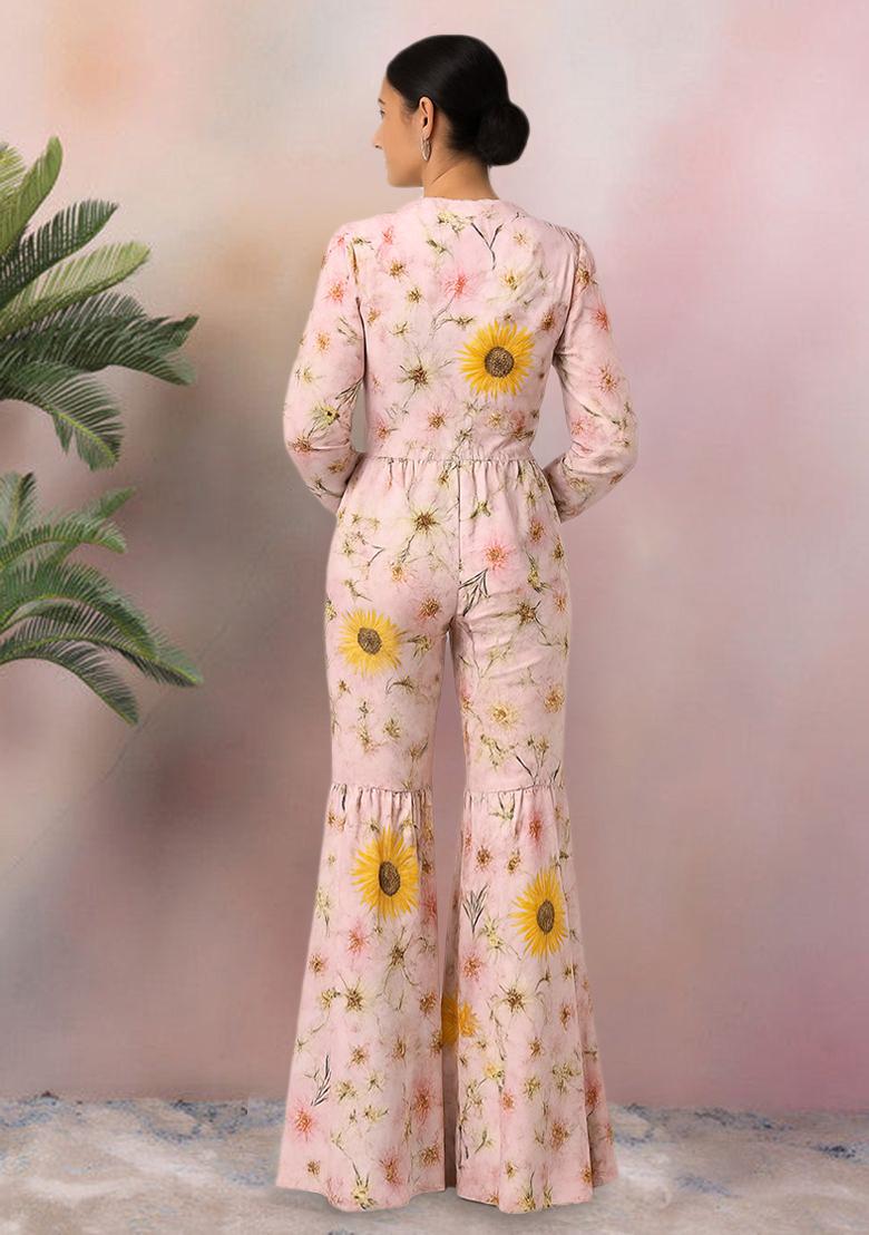 Pastel Pink Satin Floral Printed Fusion Set - Indya