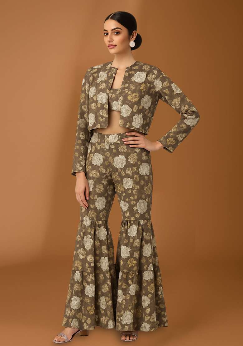 Light Brown Satin Floral Printed Fusion Set - Indya