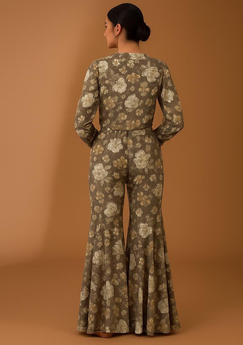 Light Brown Satin Floral Printed Fusion Set - Indya
