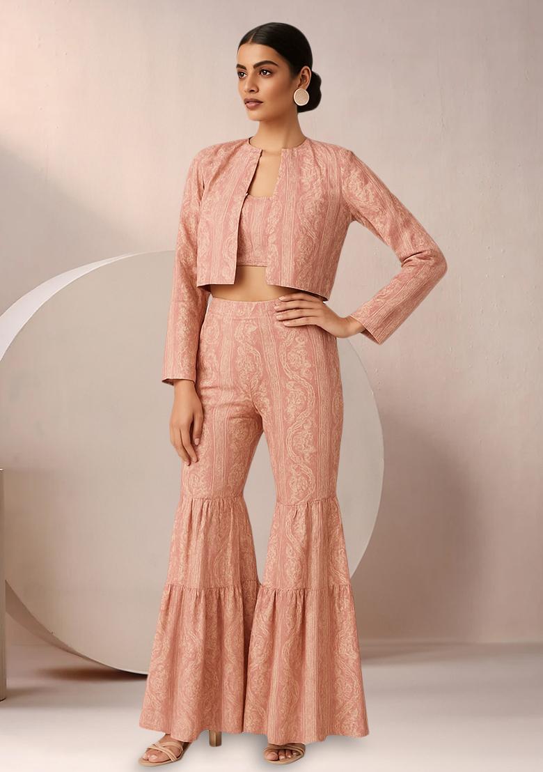 Pink Satin Floral Printed Fusion Set