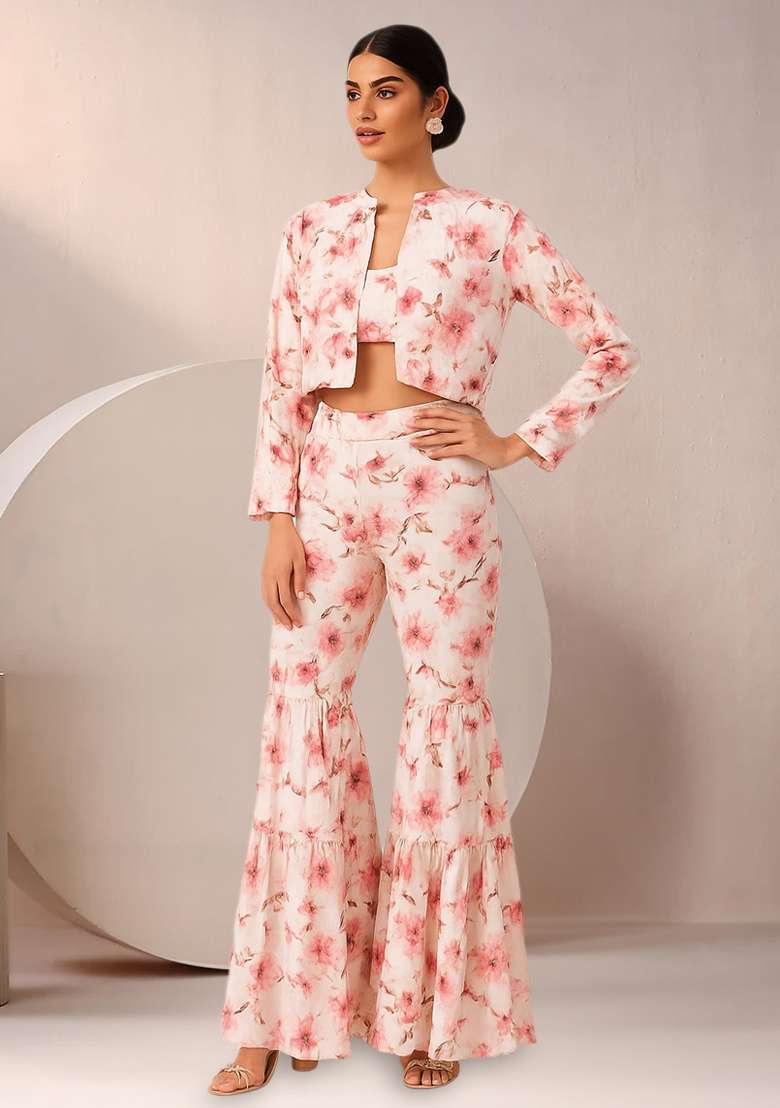 White Satin Floral Printed Fusion Set - Indya