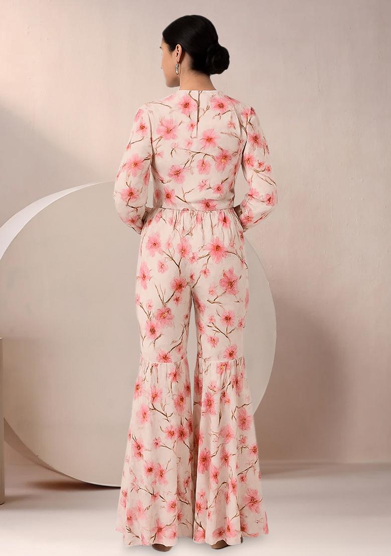 White Satin Floral Printed Fusion Set - Indya