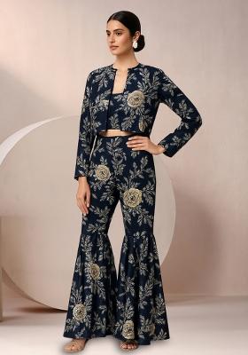 Navy Blue Satin Floral Printed Fusion Set