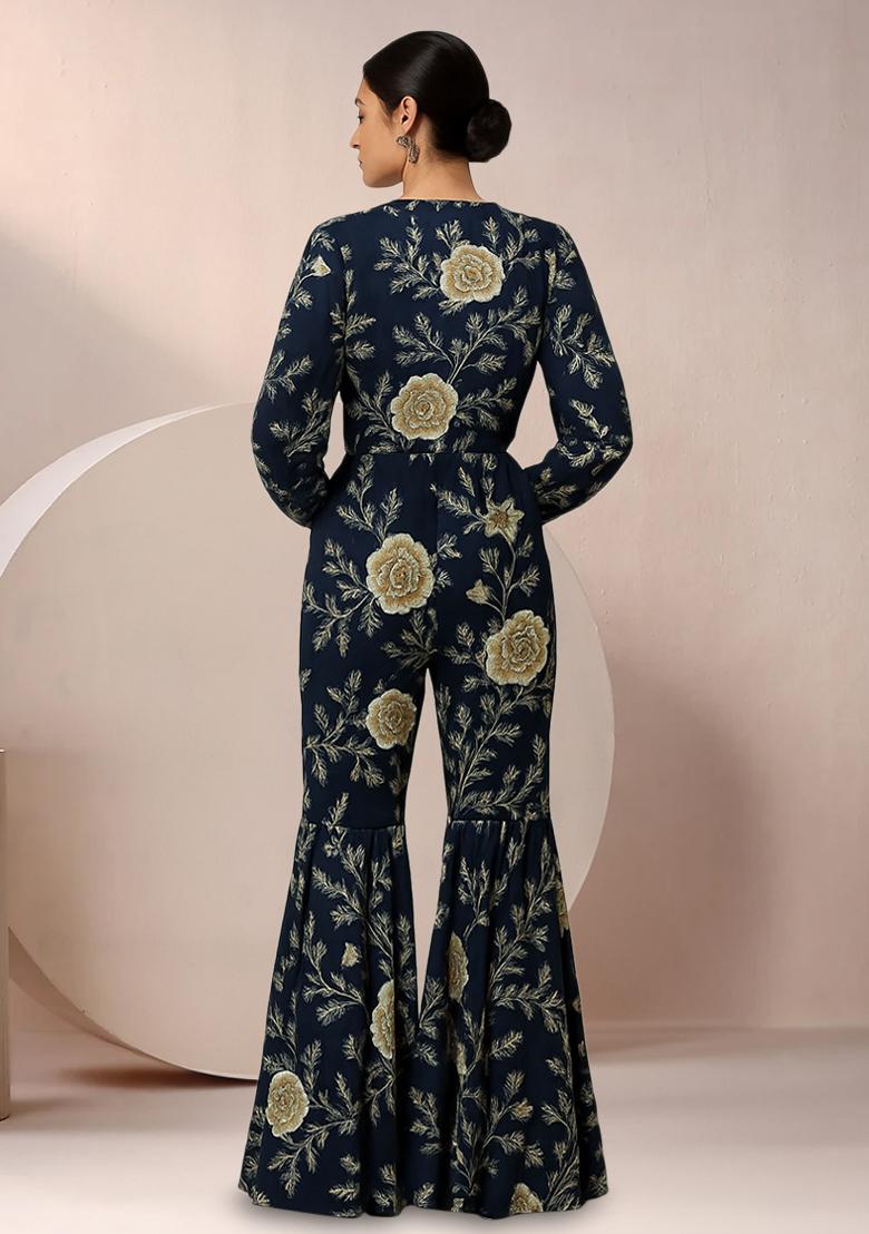 Navy Blue Satin Floral Printed Fusion Set - Indya