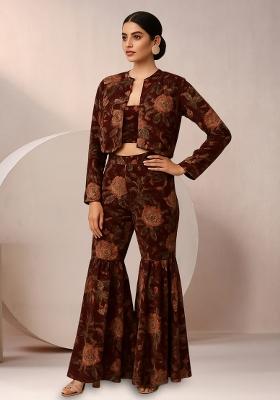 Wine Satin Floral Printed Fusion Set