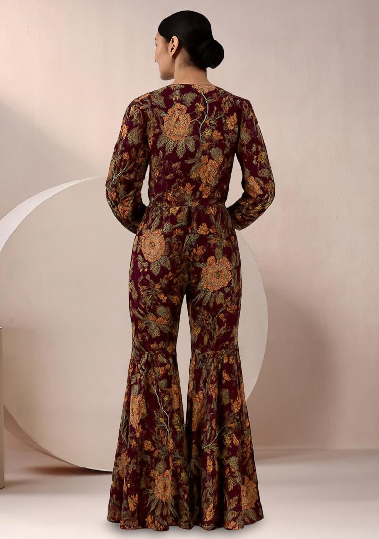 Wine Satin Floral Printed Fusion Set - Indya