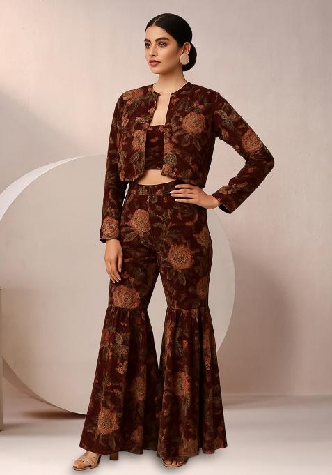 Wine Satin Floral Printed Fusion Set