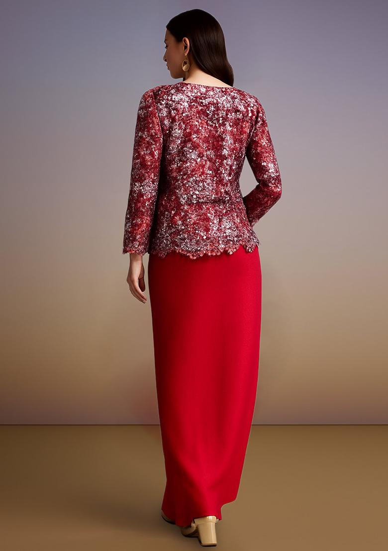 Red Sequin Net Fusion Set - Indya