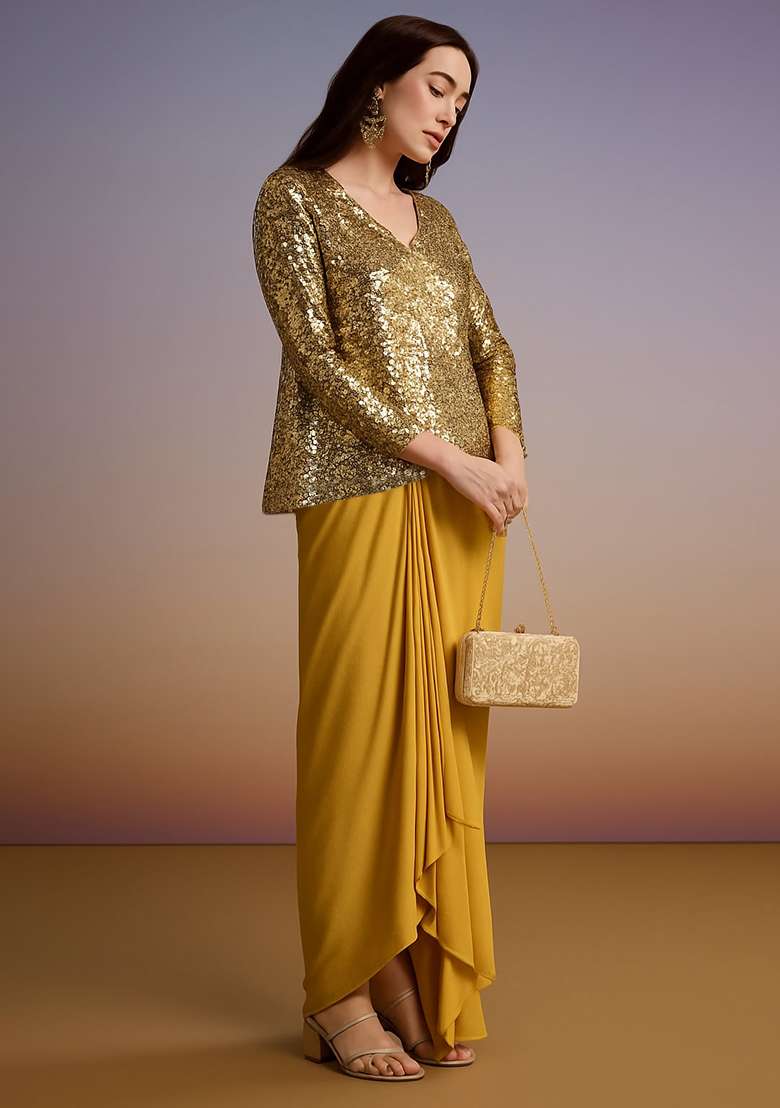 Golden Sequin Net Fusion Set - Indya